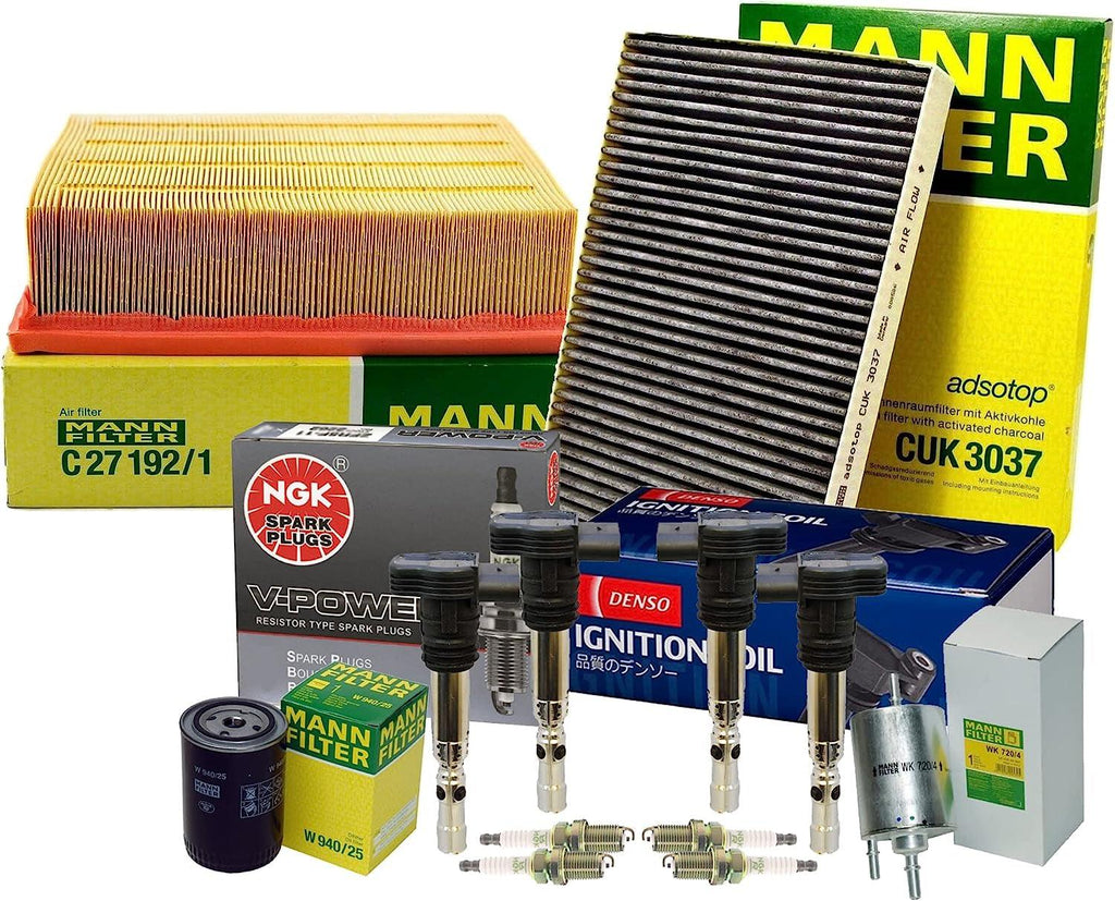 Premium Engine Carbon Cabin Air Oil Fuel Filters with 4 COP Ignition Coils & 4 V-Power Spark Plugs Kit